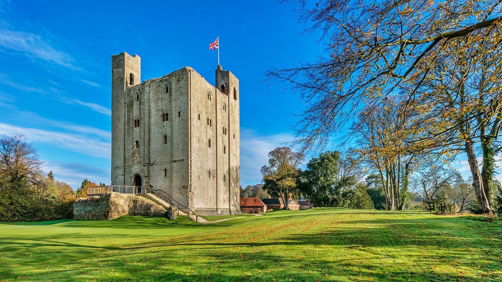 Hedingham Castle and grounds on a sunny day 